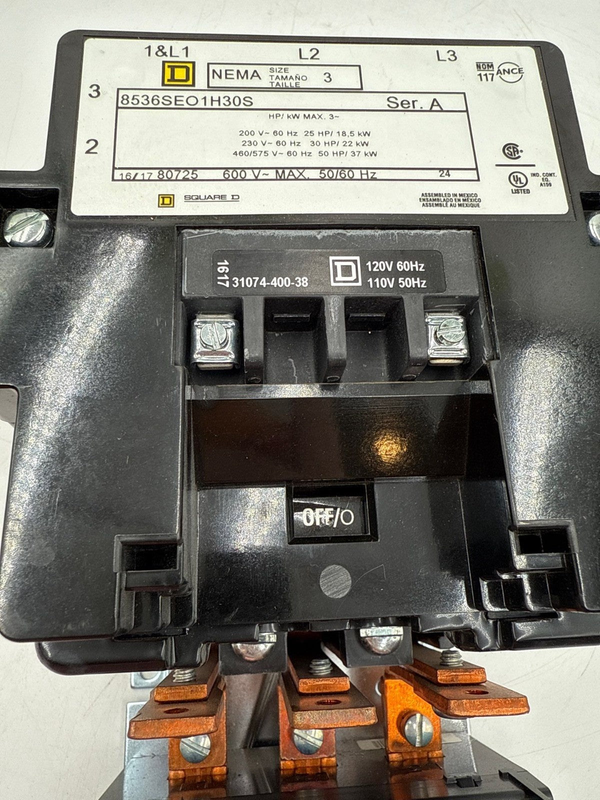 Square D 8536SEO1H30S Starter NEMA Size 3 600V 50HP Max Coil 11/120V 9065ST320 Used