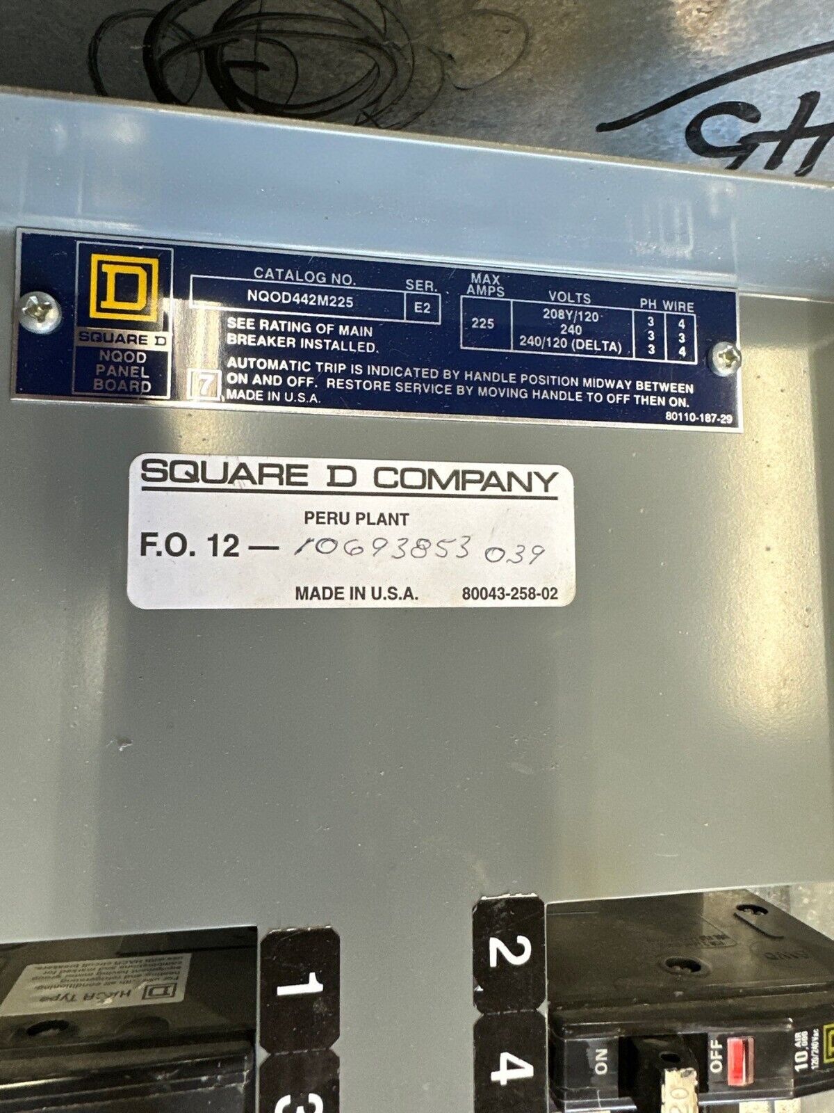 Square D NQOD442M225 Panelboard 225A 208/120V 3PH MCB Indoor Encl 42 Cir 225 Amp P358 Used