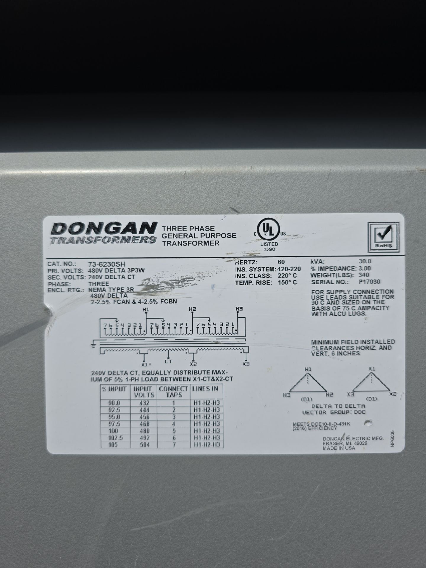 30KVA Dongan 73-6230SH Transformer Pri 480V Sec 240V 3PH 3R Encl Outdoor Used