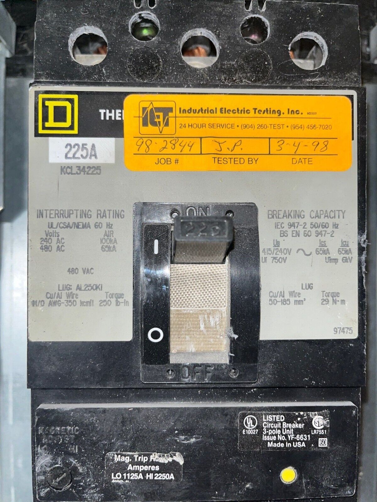 Square D NQOD Panelboard 225A 208/120V 3PH 4W Indoor Encl MCB 42 Cir KCL34225 P565 Used