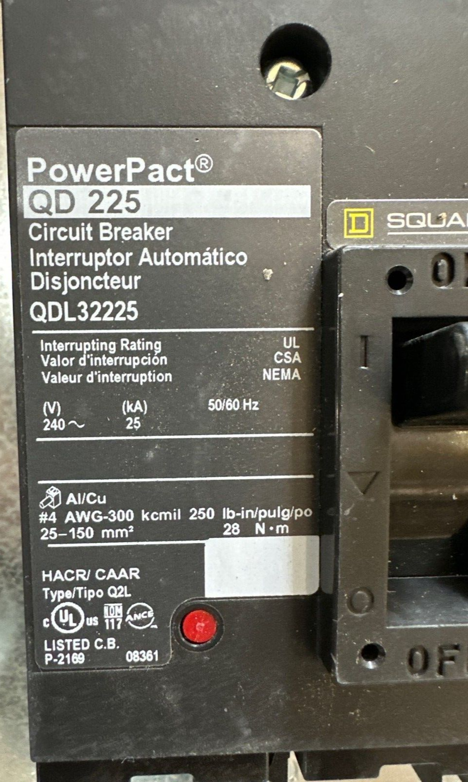 Square D NQ Panelboard 225A 208Y/120V 3PH 4W MCB Main QDL32225 42 Cir Nema 1 P545 Used