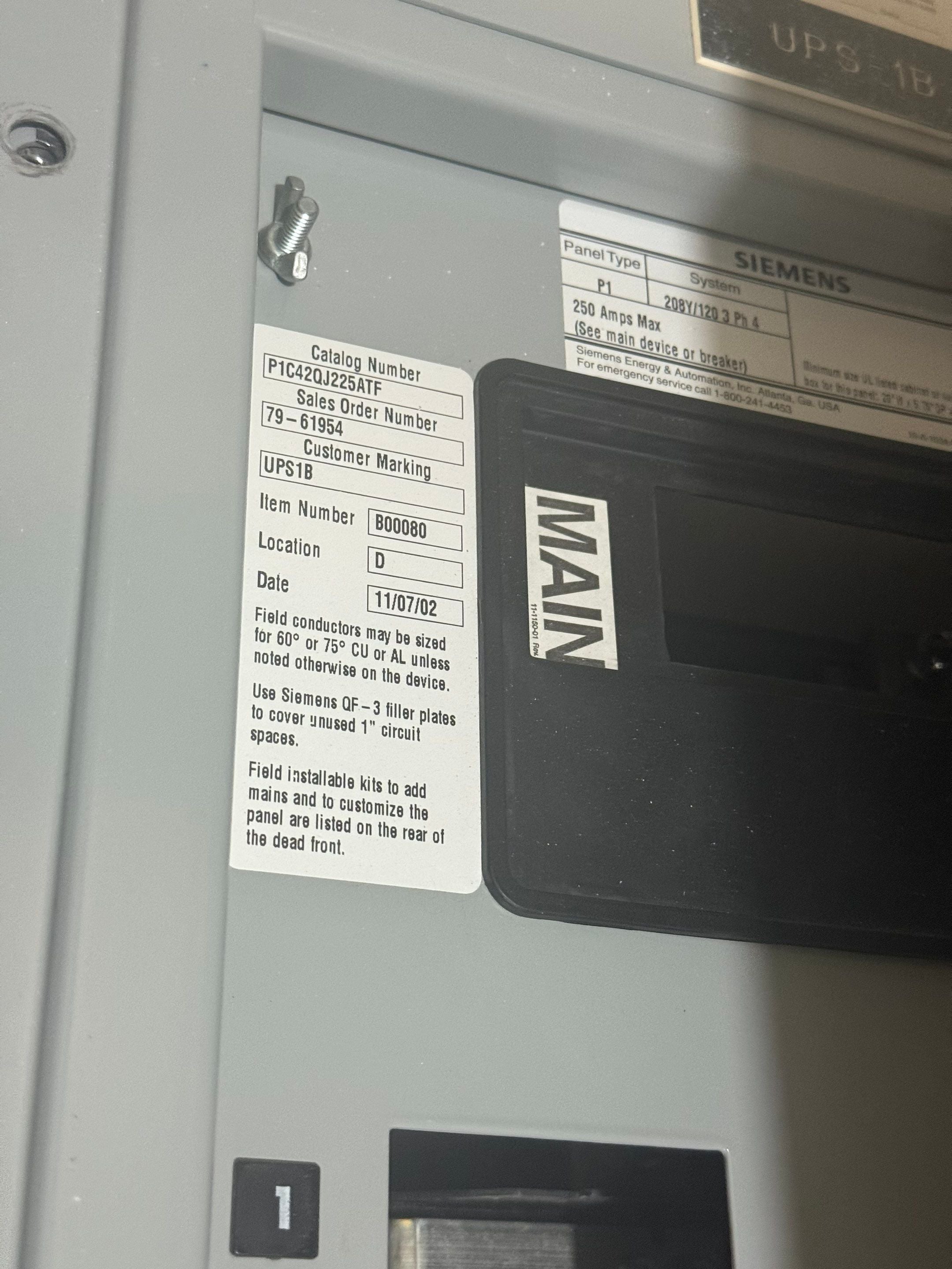 Siemens P1 P1C42QH225ATF Panelboard 225A 208/120V 3PH 4W 225 Amp Panel 42Cir MCB Used