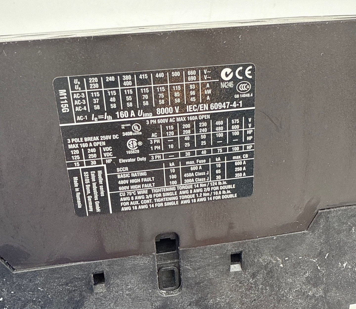 Eaton XTCE115GS1A Contactor DIL M115 XTCE115G 115A 3P 600V Coil 100/120V Used