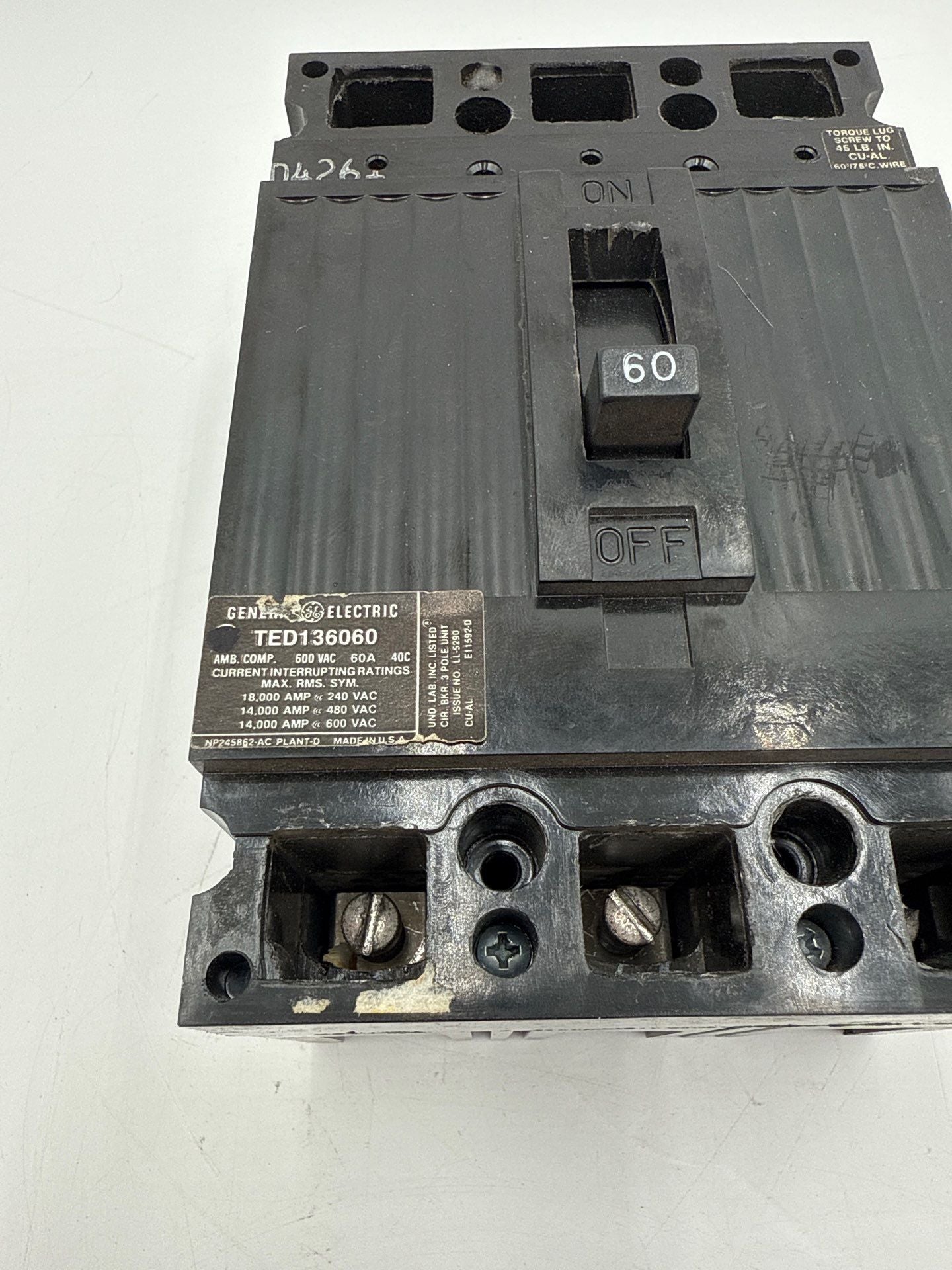 GE TED136060 Circuit Breaker 60A 3P 600V TED 60 Amp 3 Pole 3 Pahse Used