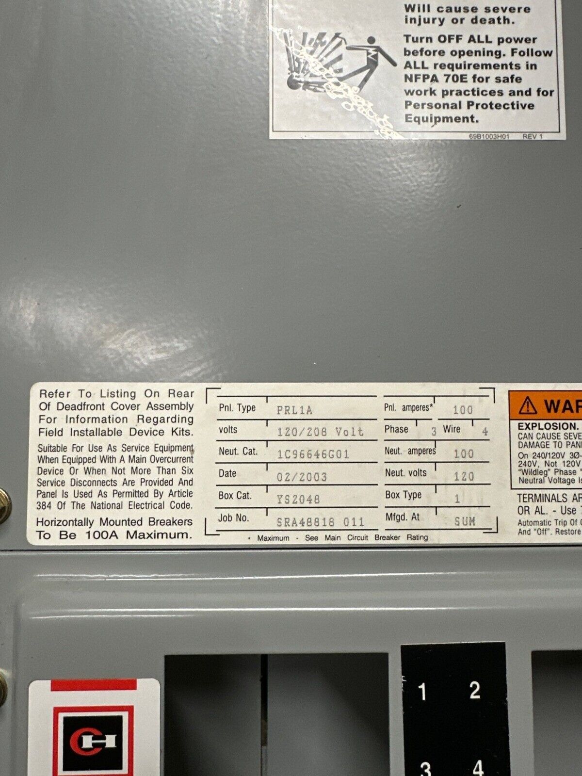 Eaton PRL1A Panelboard 100A 120/208V 3PH 4W 100 Amp MLO 42 Circuit Main Lug P129 Used