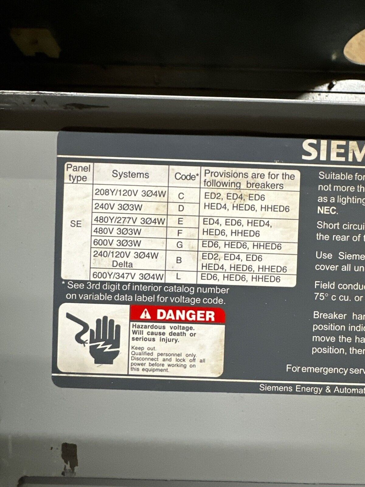 Siemens SEE42ML400CTS SE Panelboard 400A 480Y/277V 3PH 4W 42 Circuit MLO SBD68 P271 Used