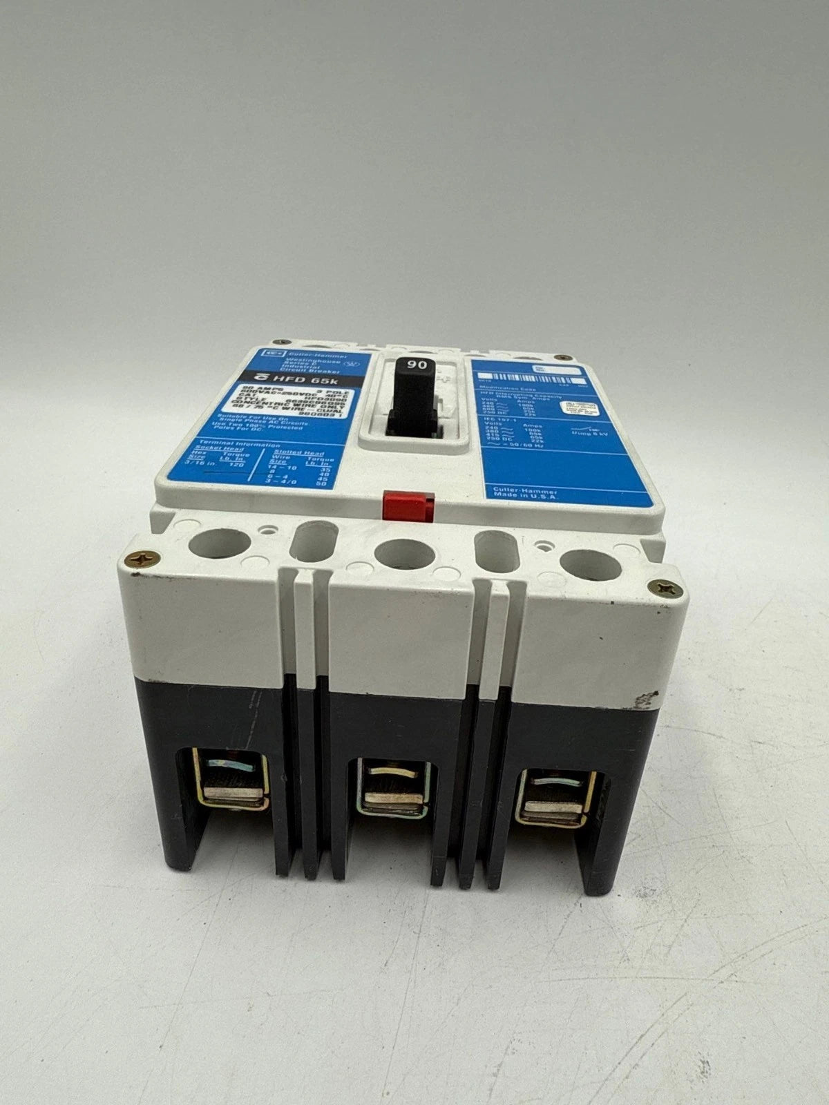 Cutler Hammer HFD3090 Circuit Breaker 90A 600V 3P HFD 65k 90 Amp 3 Pole Used Used