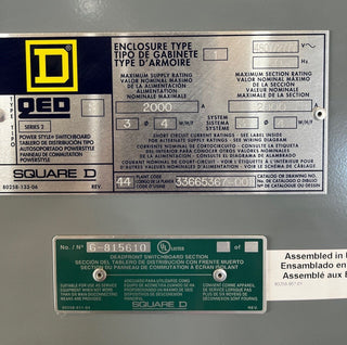 Square D QED Switchboard 2000A 480/277V 3PH 4W MCB RKF36200U44A LSIG GroundFault Used