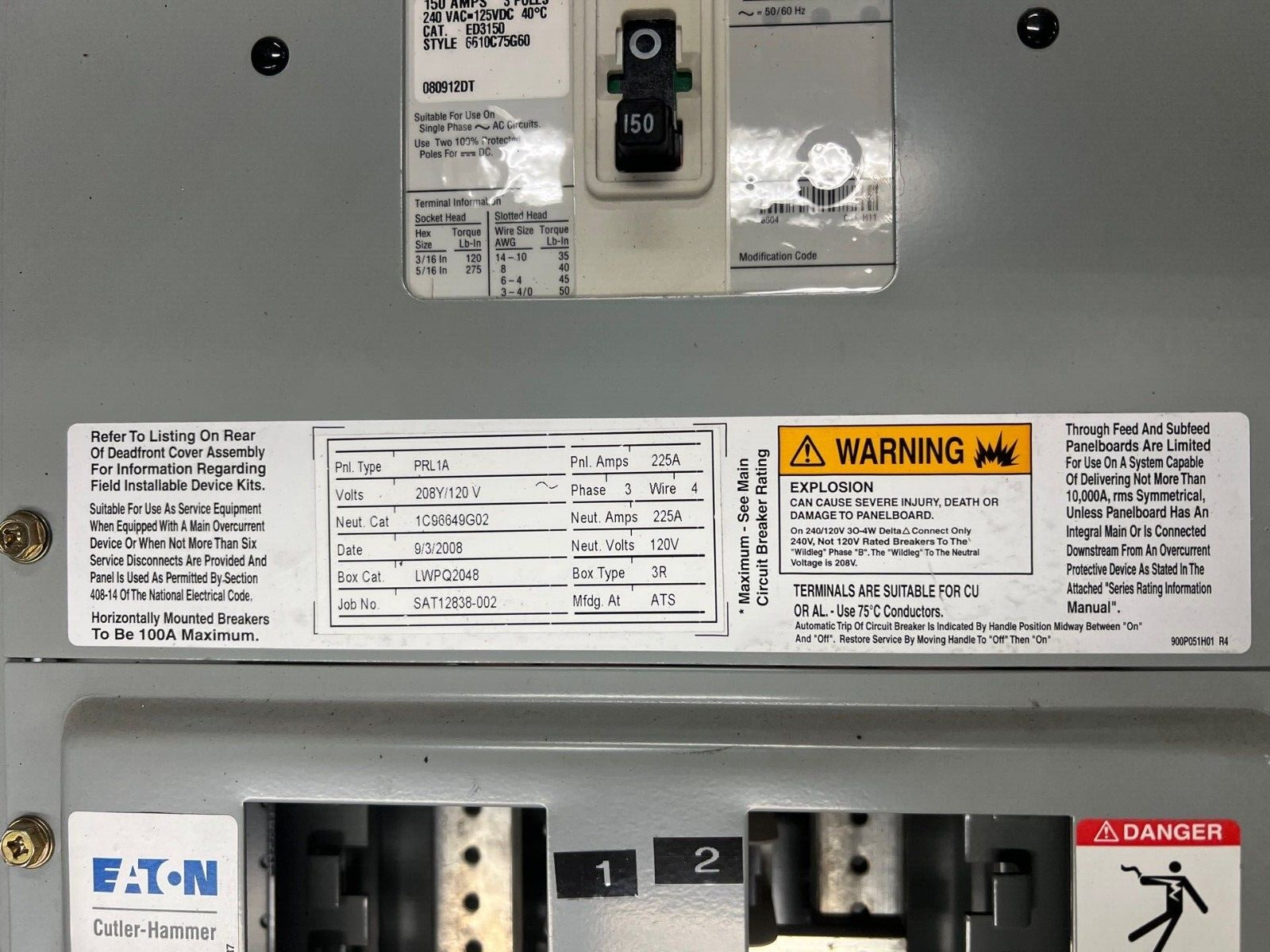 Eaton PRL1A PowRLine Panelboard 225A 208Y/120V 3PH 4W 3R Outdoor Encl MCB ED3150 P640 Used