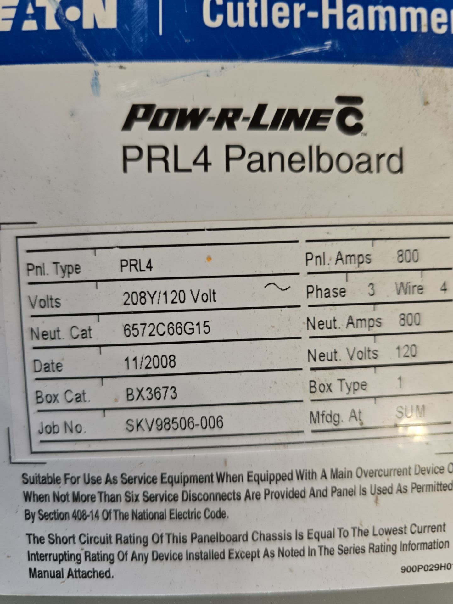 Eaton PRL4 Panelboard 800A 208/120V 3PH 4W MCB 800 Amp Panel MDL3800 BX3673 Used
