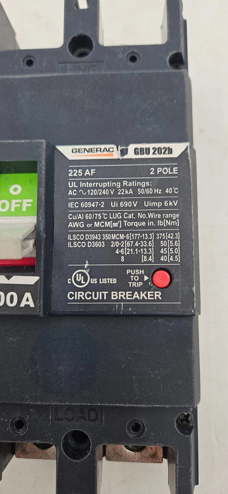 GENERAC GBU202B Circuit Breaker 200A 2P 120/240V 225AF 200 Amp 2 Pole BLUE Used