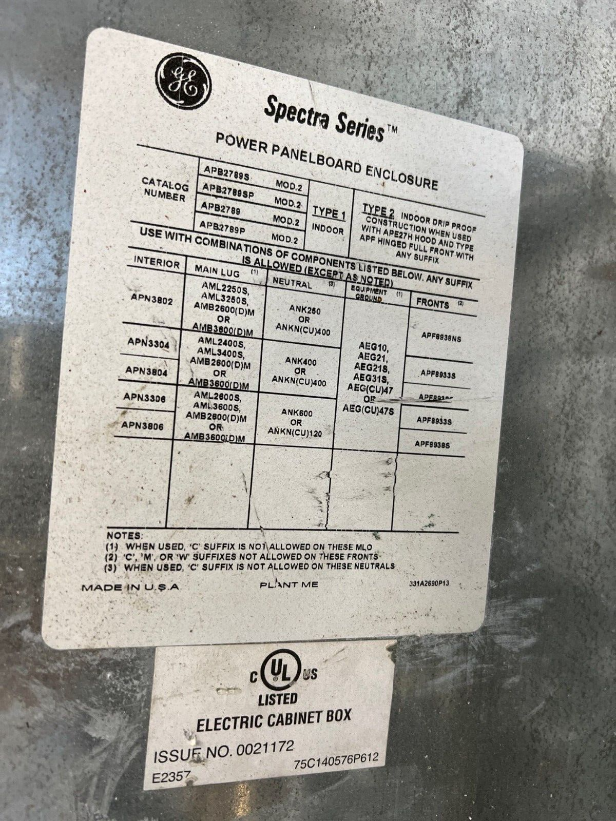GE APN3 Bolt On Panelboard 600A 480/277V 3PH 4W 30 Cir Indoor Encl TPHE277Y20PP P651 Used