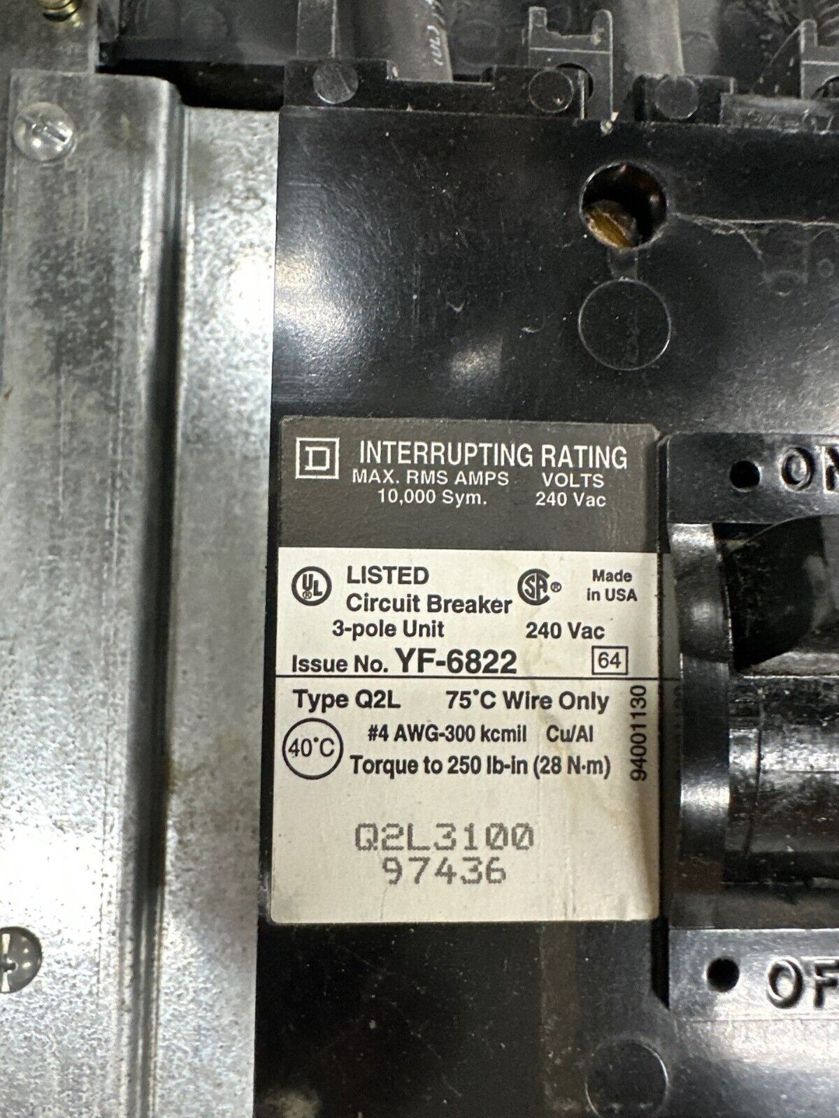 Square D NQOD Panelboard 225A 208/120V 3PH 4W Q2L3100 MCB 42 Circuit Indoor Encl P347 Used