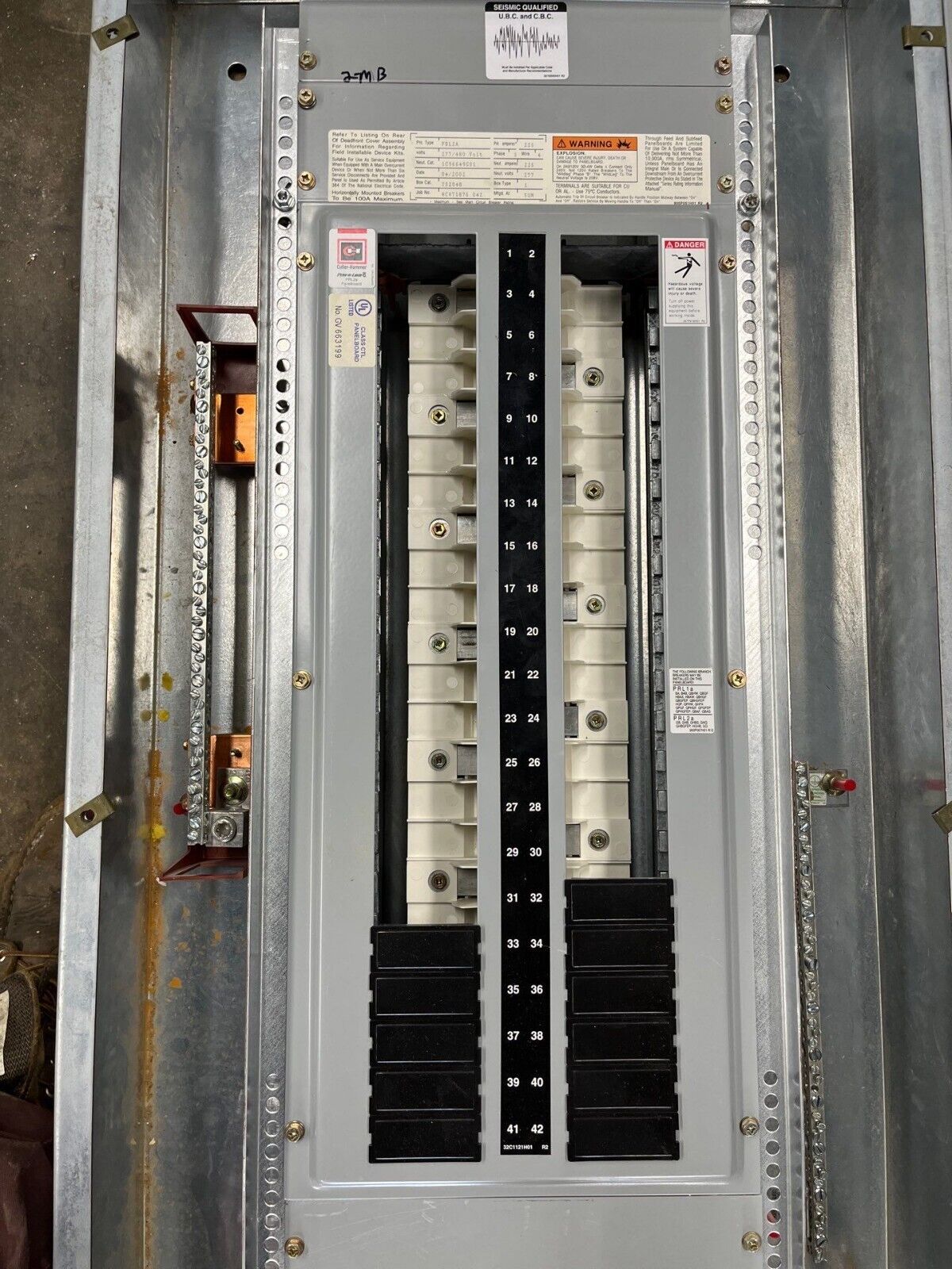 Eaton PRL2A Panelboard 225A 277/480V 3PH 4W Indoor Encl 42 Circuit MLO YS2048 P601 Used