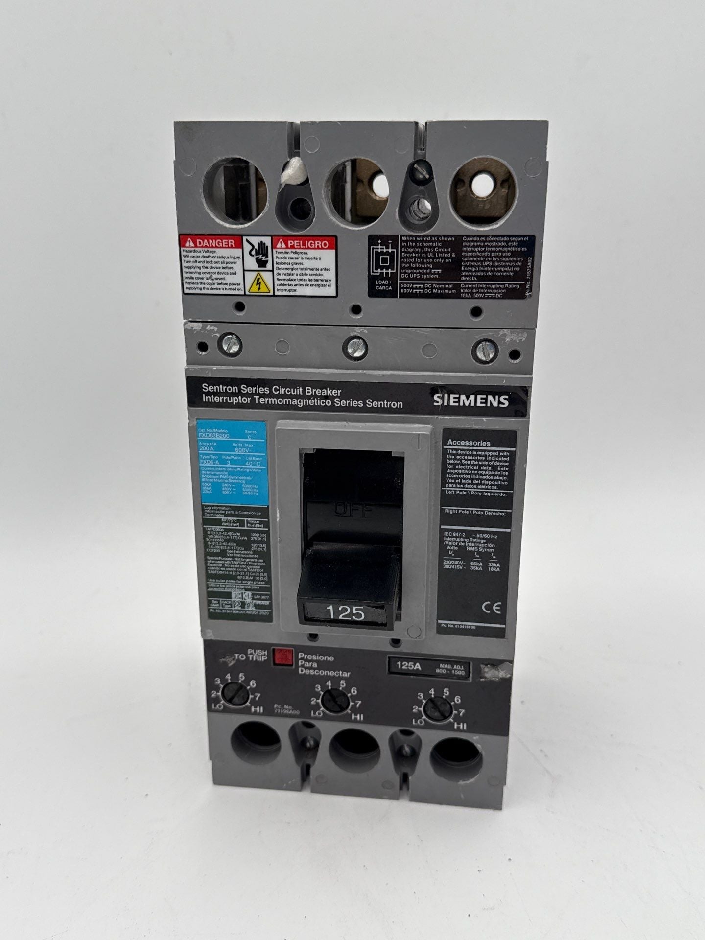 Siemens FXD63B125 Circuit Breaker 125A 3P 600V FXD6-A 125 Amp 3 Pole Used