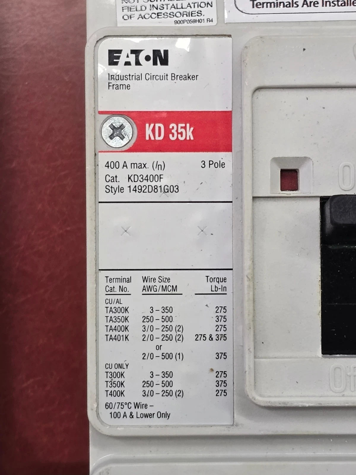 Eaton PRL3X Panelboard 400A 480/277V 3PH MCB Panel KD3400 Subfeed 350A 3R Encl Used