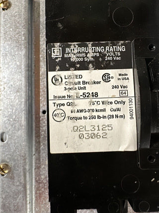 Square D NQOD Panelboard 125A 120/208V 3PH 4W MCB Main Braker Q2L3125 42 Circuit P246 Used