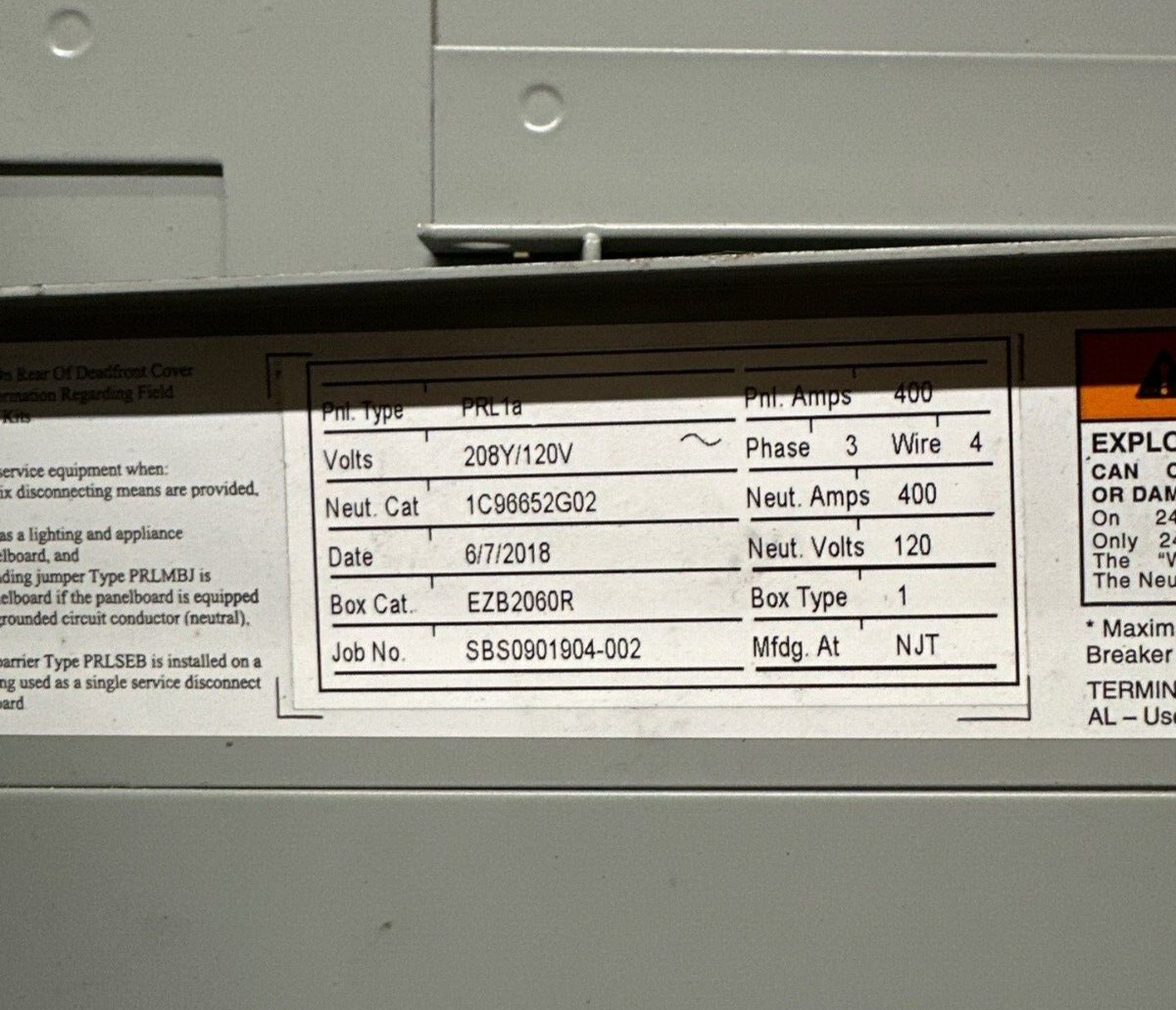 Cutler Hammer PRL1A Panelboard 400A 208Y/120V 3PH 4W Indoor Encl 42 Circuit MCB P473 New