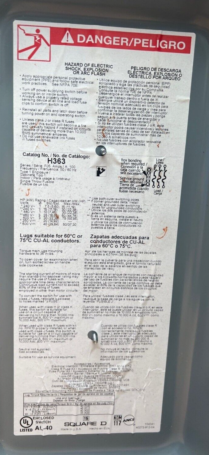 Square D H363 Used