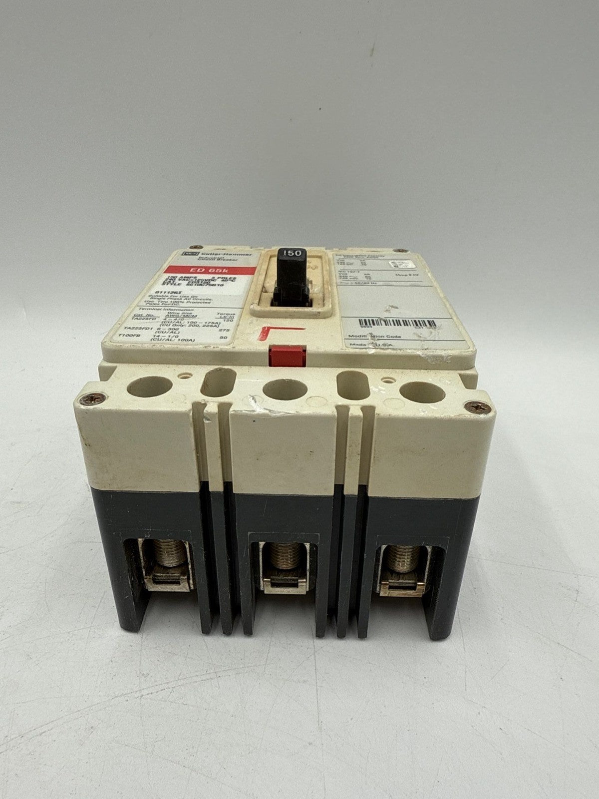 Cutler Hammer ED3150 Circuit Breaker 150A 3P 240V 3PH ED 65k 150 Amp 3 Pole Used