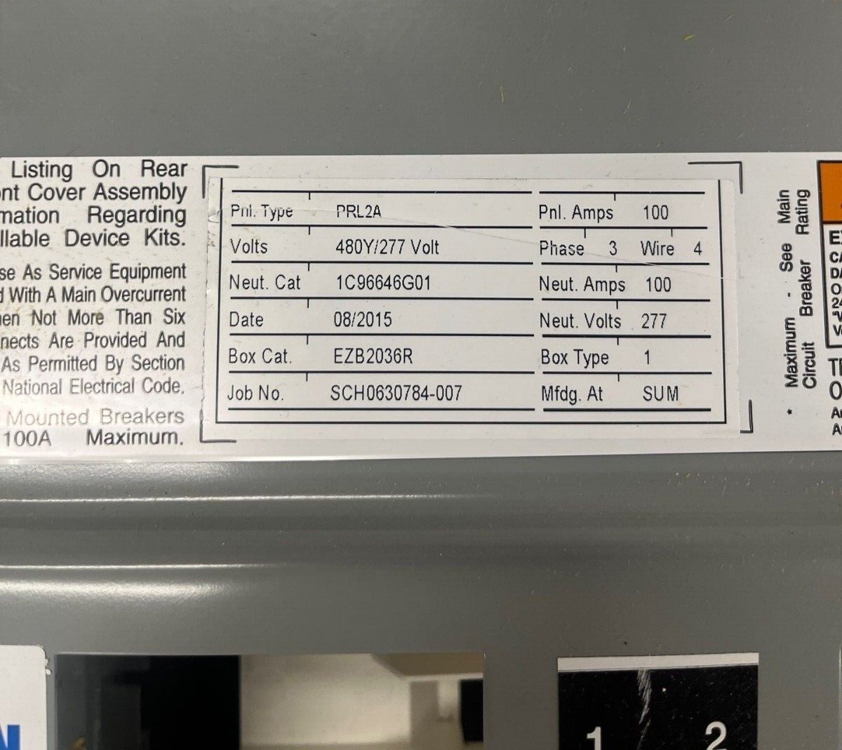 Eaton PRL2A Panelboard 100A 480/277V 4W 3PH Indoor Encl 18 Circuit MLO EZB2036R P577 Used