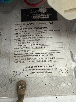 Siemens Model 95+ 12" 10A Combo MCC Bucket Size 1 14DS+32A Starter ED63A010 Used
