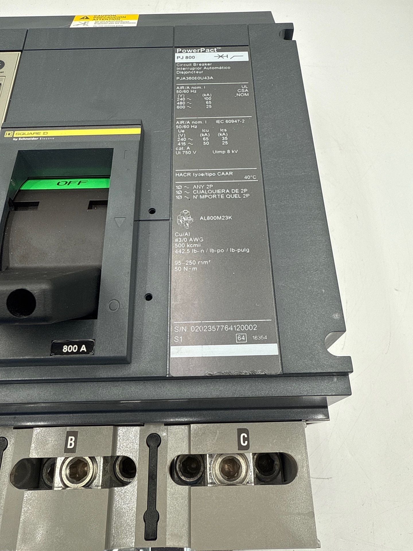 Square D PJA36080U43A I-Line Circuit Breaker 800A 3P 600V PJA 800 Amp 3 Pole Used