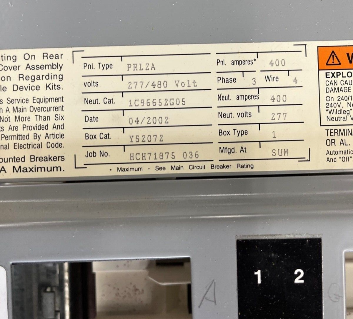 Cutler Hammer PRL2A MLO Panelboard 400A 277/480V 3PH 4W Indoor Encl 42Cir FD3225 P586 Used