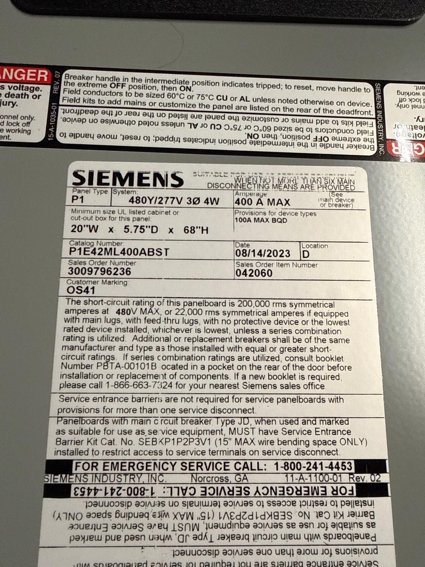 Siemens P1E42ML400ABST Panelboard 400A 480/277V 3PH 4W MLO Panel 400 Amp New