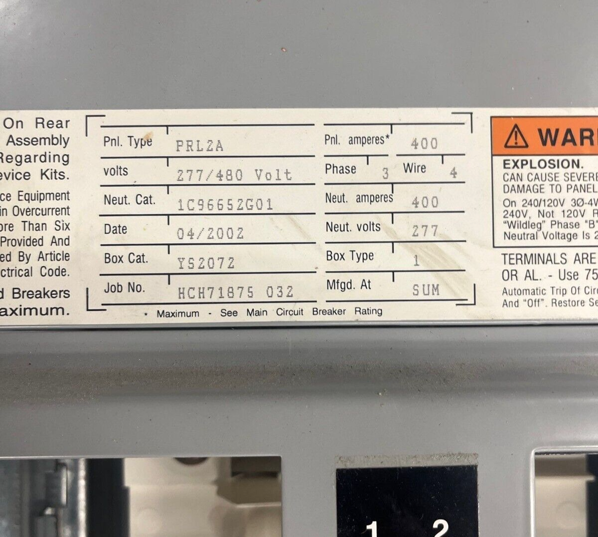 Cutler Hammer PRL2A Panelboard 400A 277/480V 3PH 4W Indoor Encl 42 Circuit MLO P581 Used