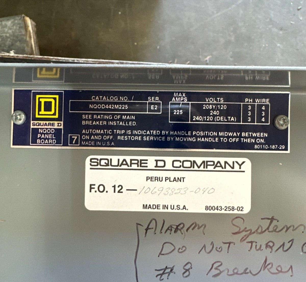 Square D NQOD442M225 Panelboard 225A 208/120V 3PH MCB Indoor Encl 42 Cir Q2L3150 P383 Used