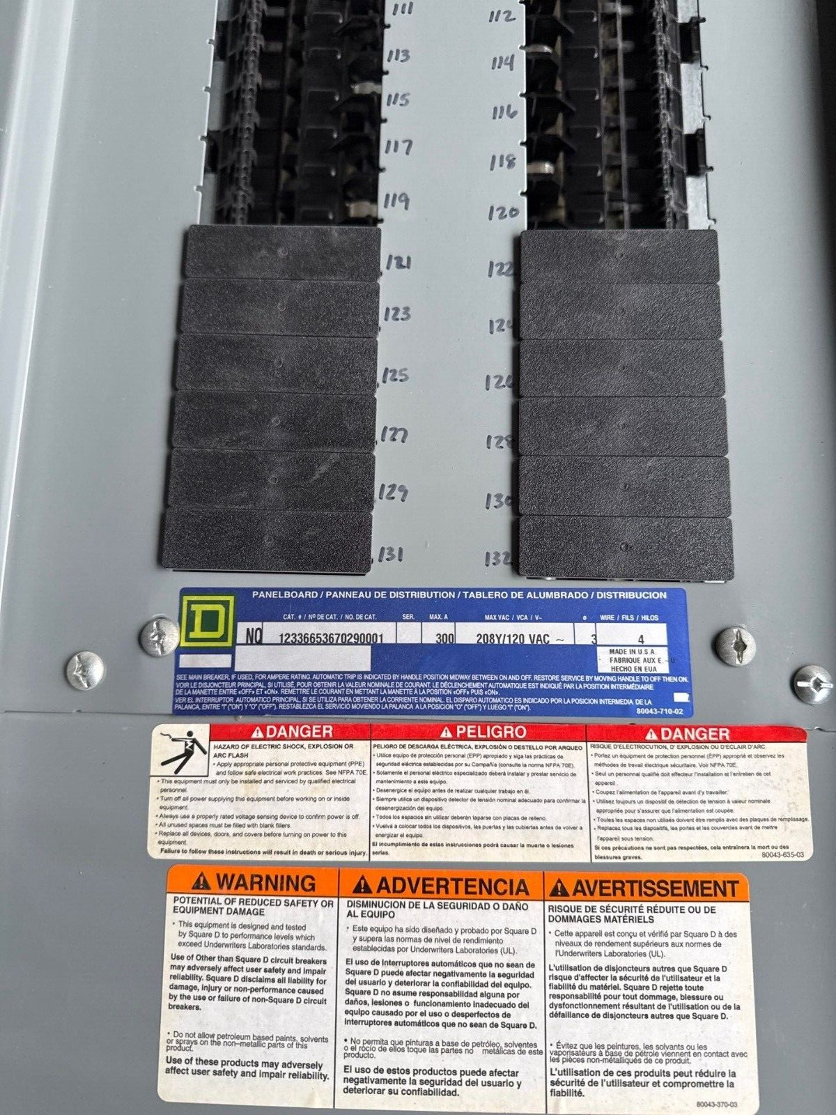 Square D NQ Panelboard 300A 208Y/120V 3PH 4W 72 Circuit Indoor Encl MLO MH80BE P630 Used