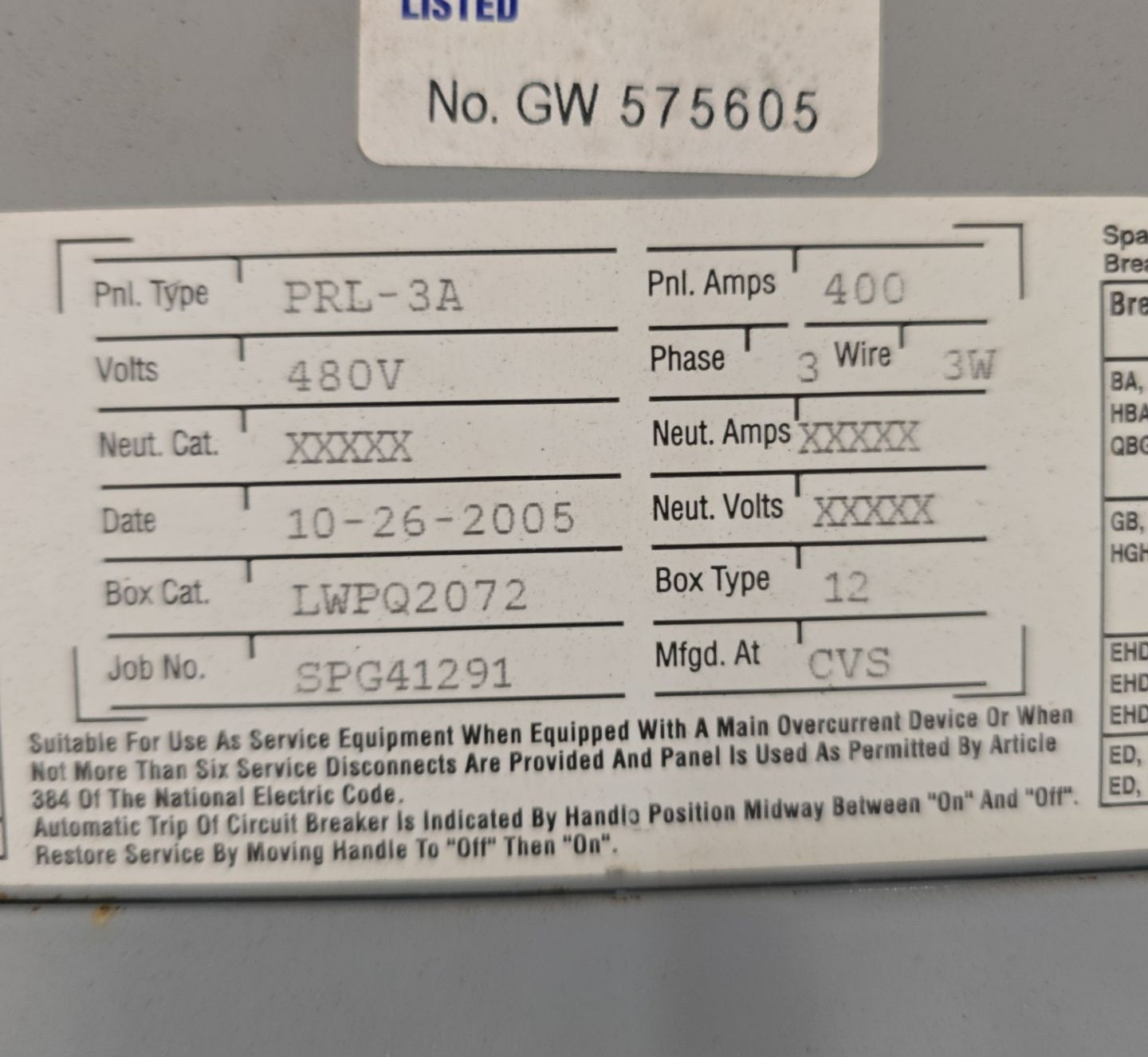 Eaton PRL3A Panelboard 400A 480V 3PH 3W 3R Encl 36 Cir MCB Main HKD3400 LWPQ2072 P702 Used
