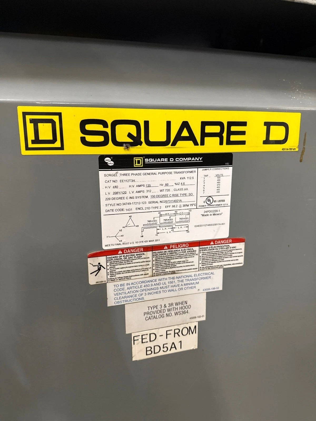 112.5KVA Square D EE112T3H Transformer 3PH Pri 480V Sec 208Y/120V Indoor T281 Used