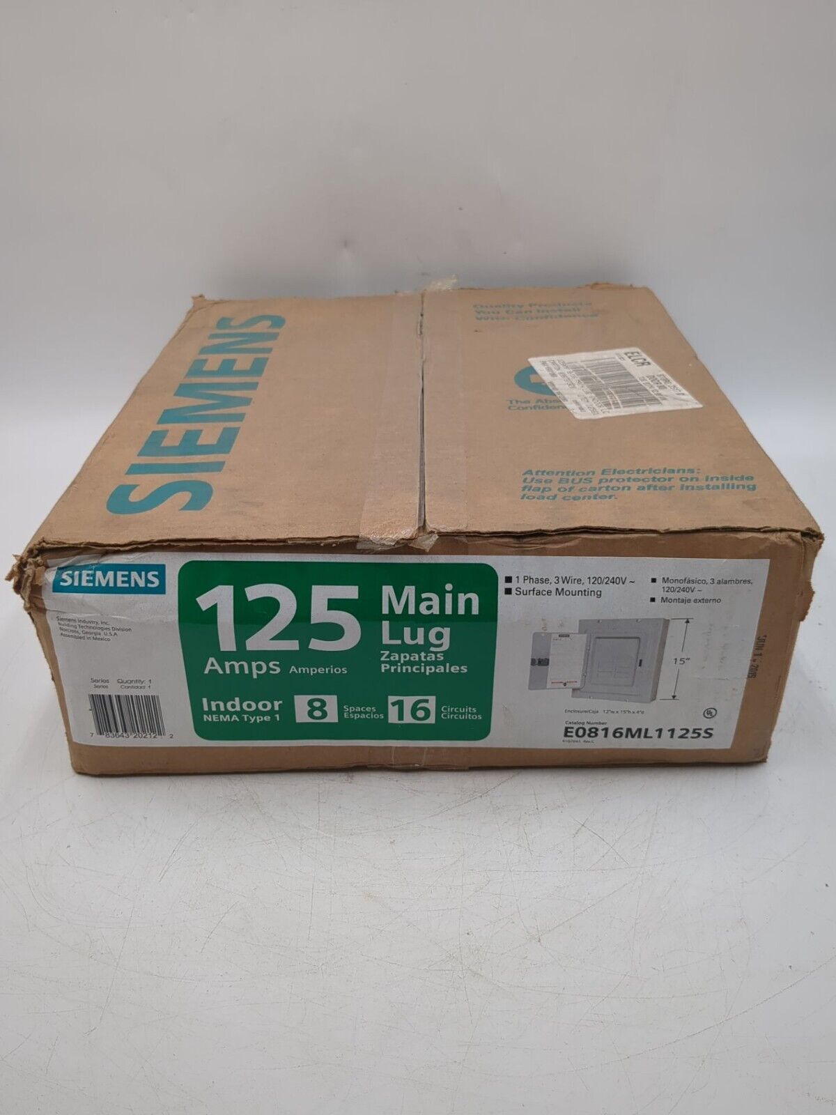 Siemens Indoor Main Lug Surface Mount Load Center 8-Space 16-Circuit 125 Amp New