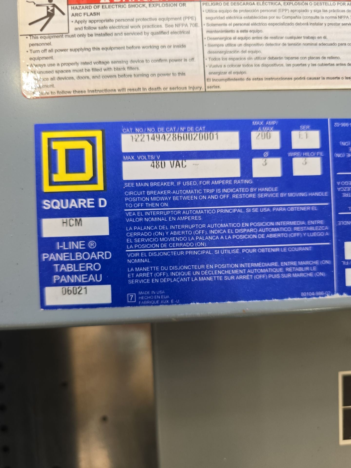 Square D HCM I-Line Panelboard 200A 480V 3PH 3W MCB 3R Encl 200 Amp Panel 30 Cir Used