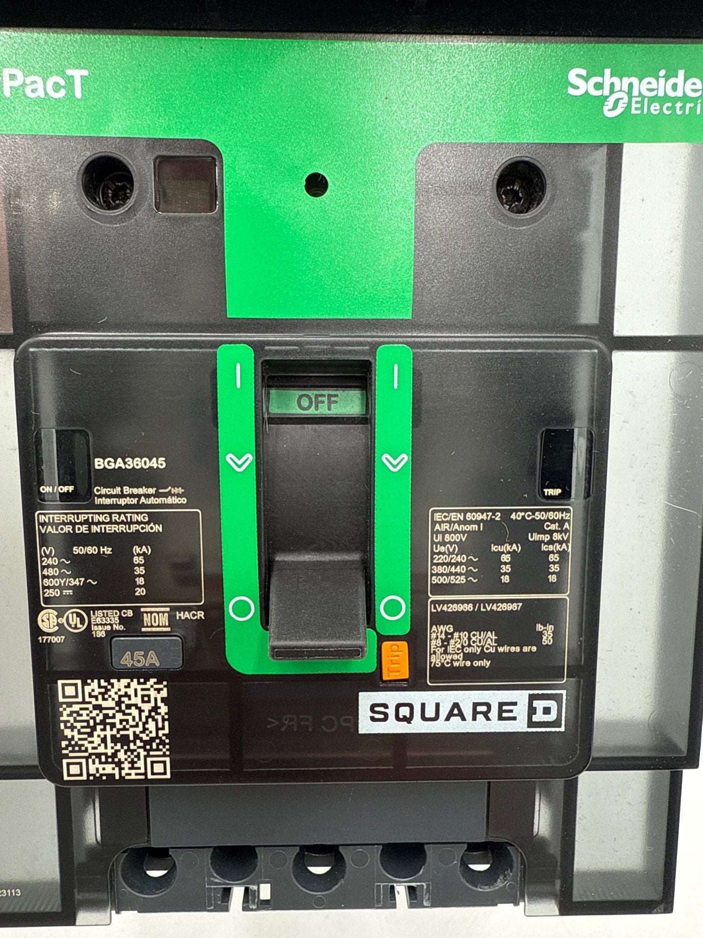 Square D BGA36045 I-Line Circuit Breaker 45A 3P 600V PowerPact 45 Amp 3 Pole New