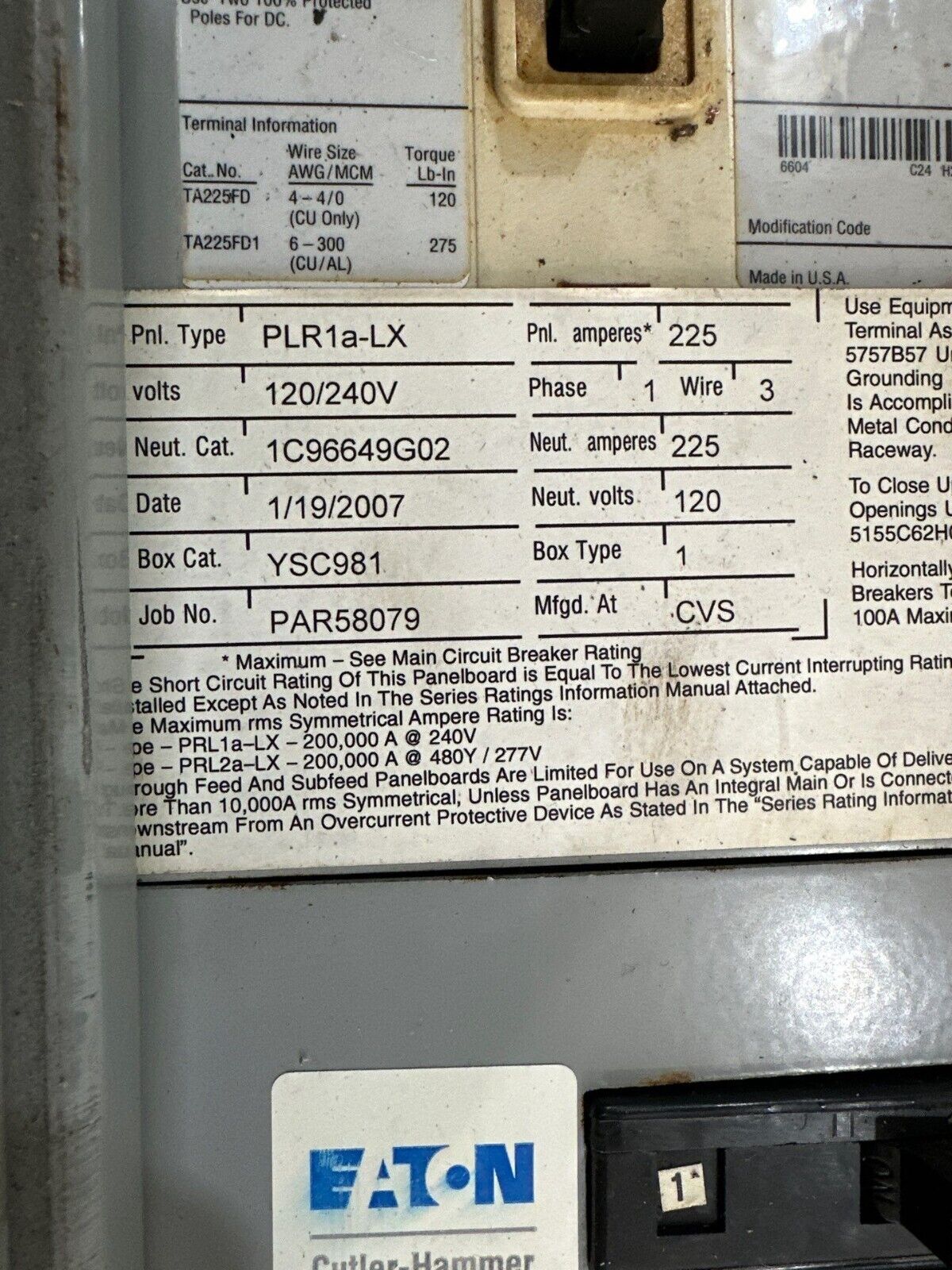 Eaton PRL1a-LX Panelboard 225A 120/240V 1PH 3W Indoor Encl 42 Circuit HFD3225 P550 Used