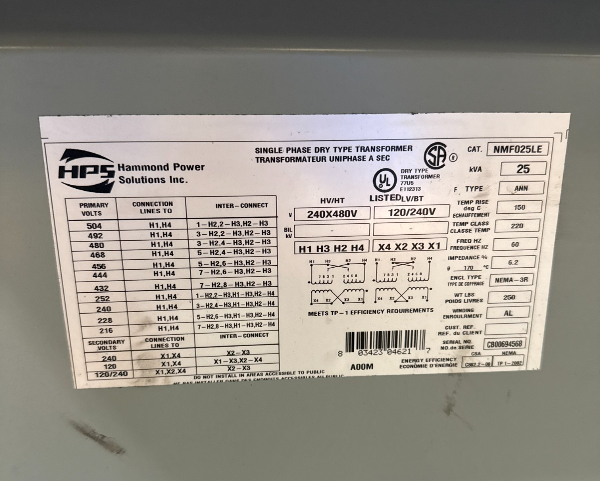 25kVA Hammond NMF025LE Transformer Pri 240/480V Sec 120/240V 1PH Outdoor 3R Encl Used