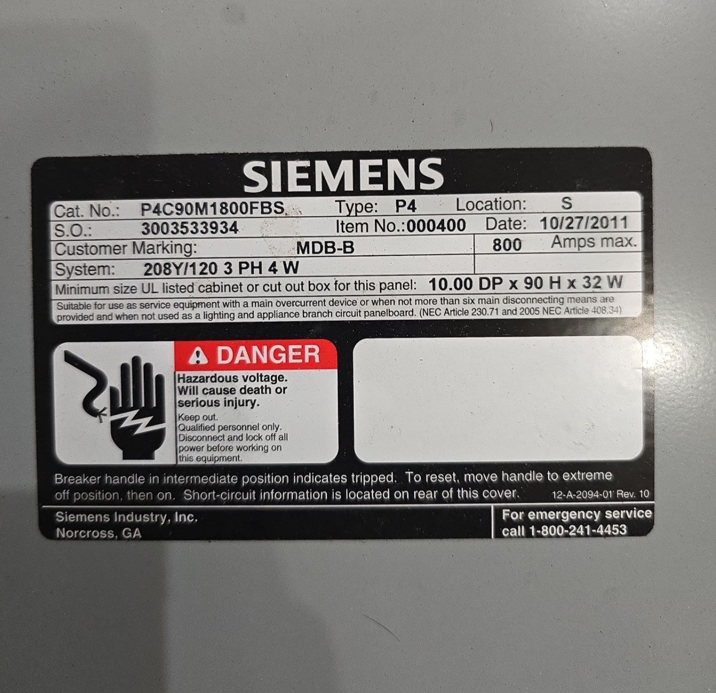 Siemens P4C90M1800FBS P4 Panelboard 800A 208/120V 3PH 4W NMX3B800 Main MCB Used