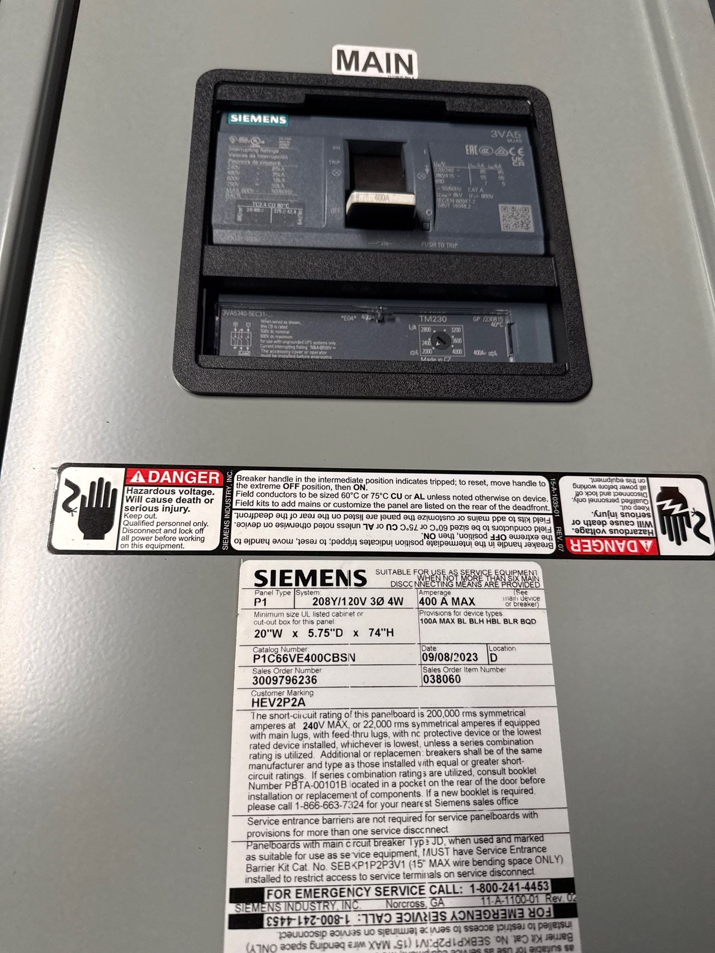 Siemens P1 P1C66VE400CBSN Panelboard 400A 208/120V 3PH 4W MCB Panel 400 Amp New