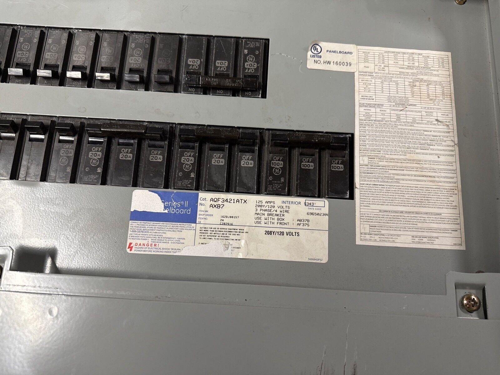GE AQF3421ATX Panelboard 125A 208/120V 3PH 4W MCB THQB32100 Indoor Encl 42 Cir Used