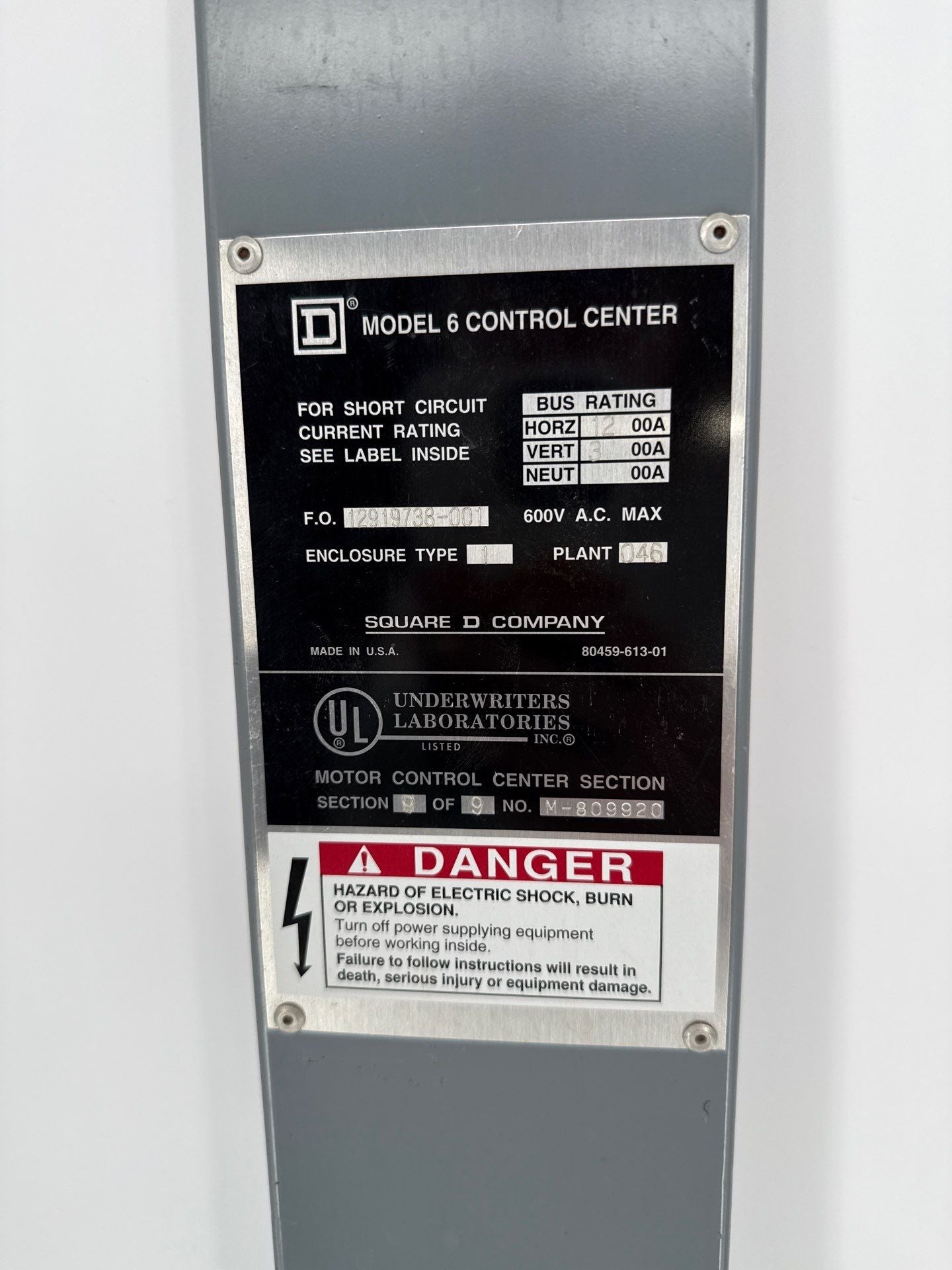 Square D Model 6 MCC Wire Way Door 60" x 4" Motor Control Center Trim Used