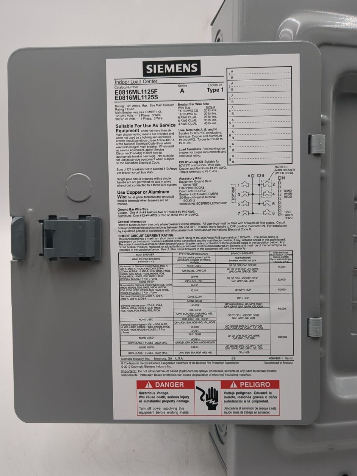 Siemens E0816ML1125S Load Center 125A 120/240V 1PH 3W 16Cir 8 Space Main Lug MLO New
