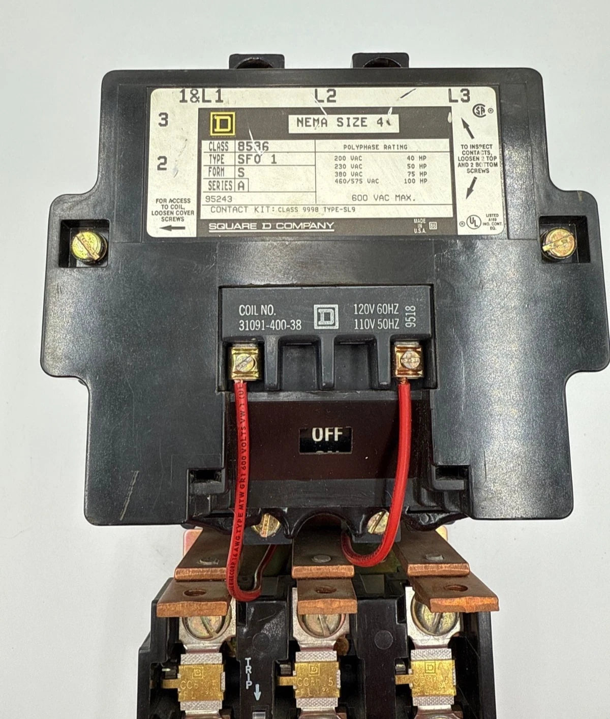 Square D 8536SF01S Starter NEMA Size 4 135A 3P 600V 100HP Coil 110/120V CC81.5 Used