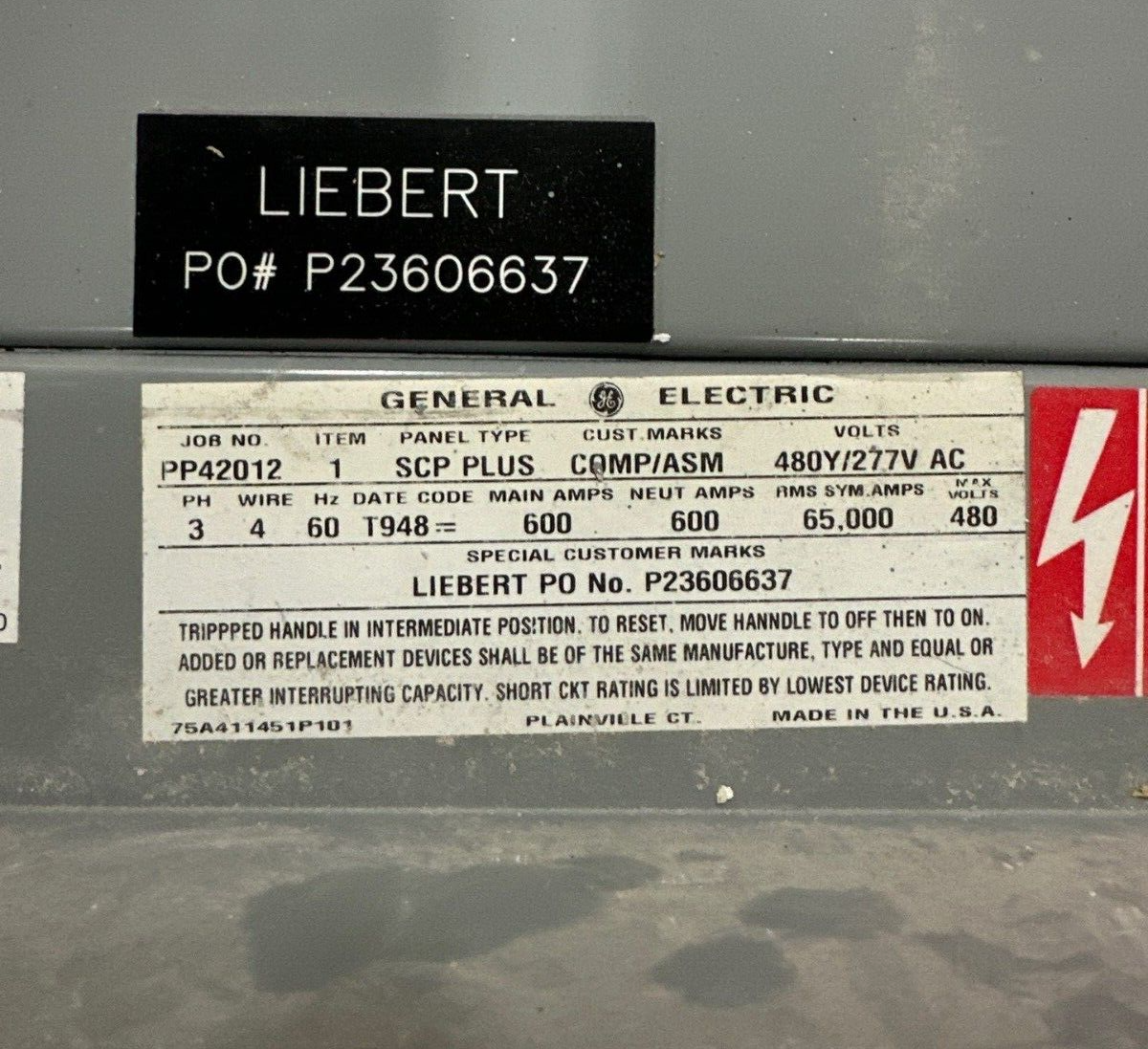 GE SCP Plus Panelboard 600A 480Y/277V 3PH 4W Indoor Encl SGHA36AT0600 MCB Panel P490 Used