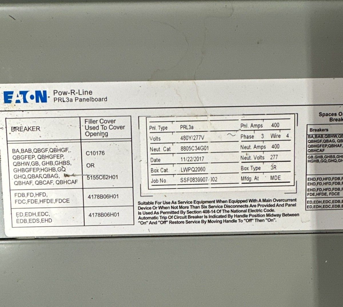 Eaton PRL3A Panelboard 400A 480Y/277V 3PH 4W 3R Outdoor Encl MLO Main Lug 18 Cir P289 Used
