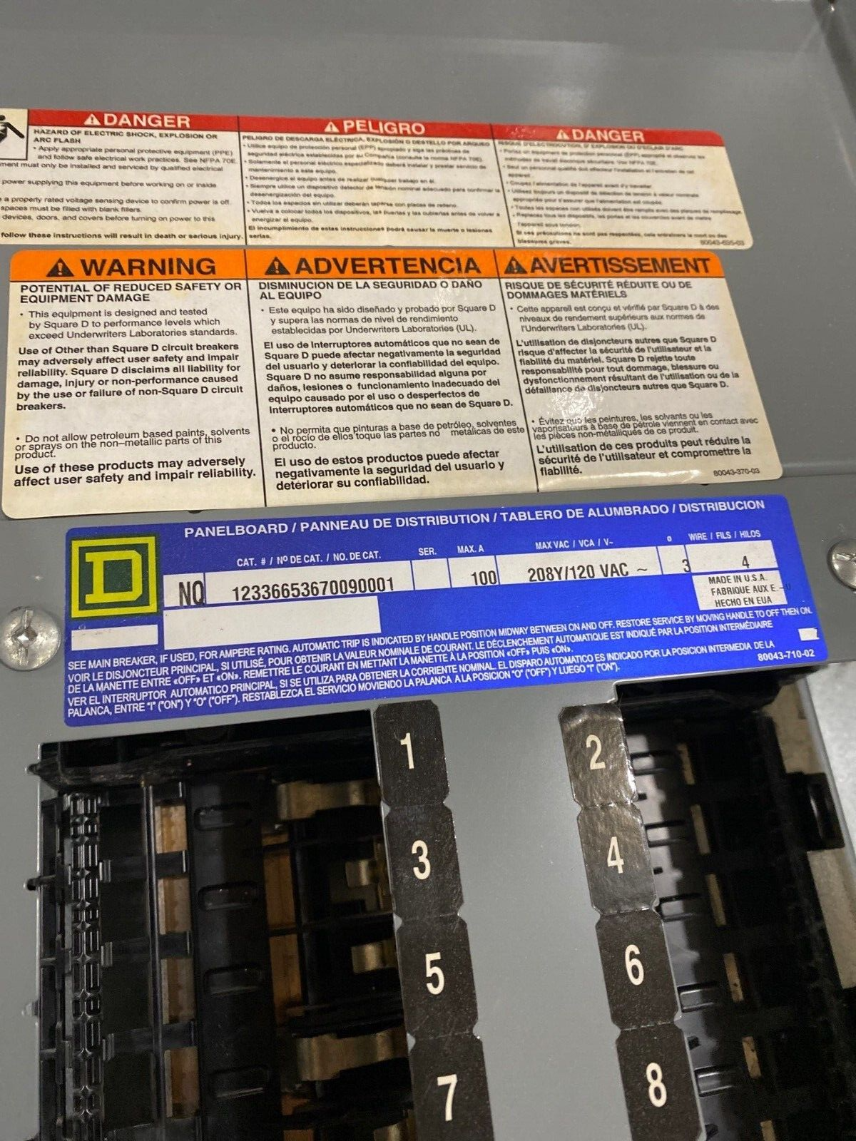 Square D NQ Panelboard 100A 208Y/120V 3PH 4W 42 Circuit Indoor Encl MLO MH38BE P650 Used