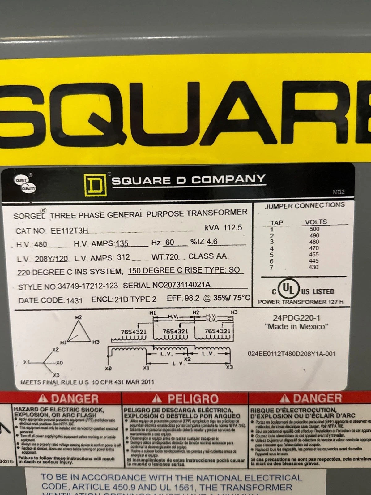 112.5KVA Square D EE112T3H Transformer Pri 480V Sec 208Y/120V Indoor 3PH T280 Used