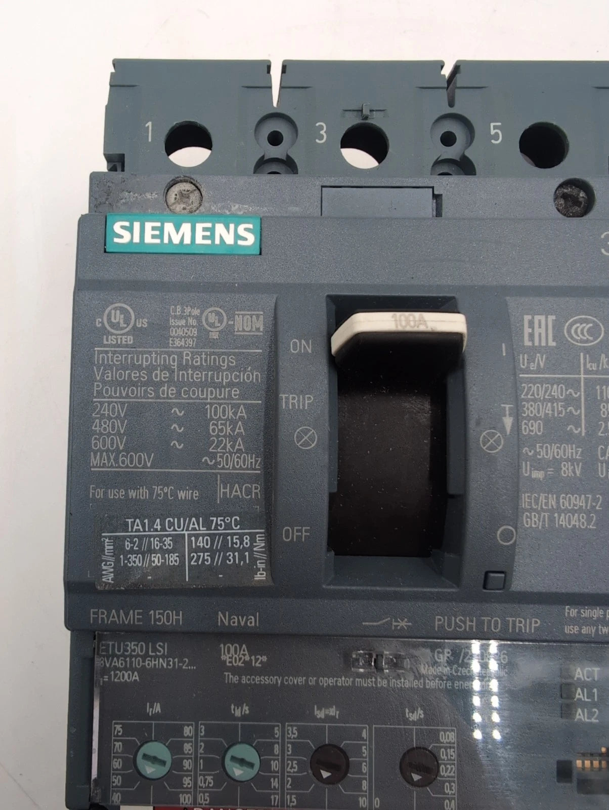 Siemens 3VA6110-6HN31-0AA0 Circuit Breaker 100A 3P 600V 3PH LSI Trip 100 Amp NEW New